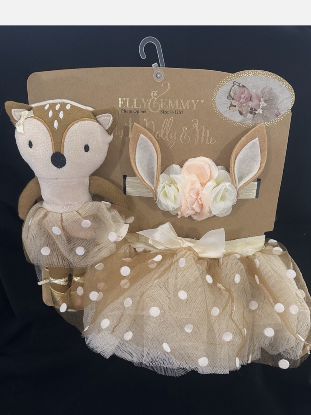 Elly & Emmy Beige Deer Tutu, Headband and Plush Set for Kids. Size 0-12 m